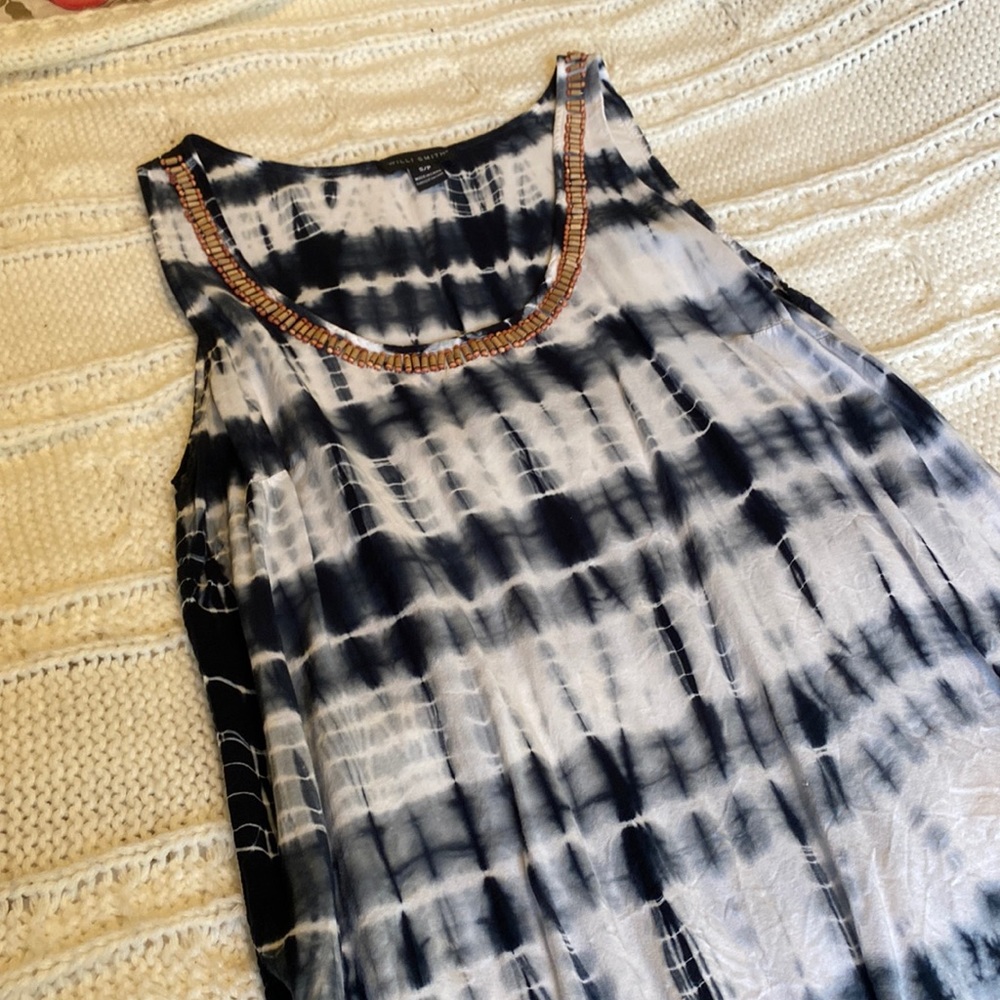 Blue and white tie die beaded sleeveless top